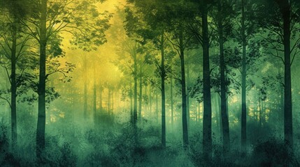 Fototapeta premium Forest background with tree silhouettes and misty atmosphere in green and yellow colors