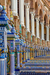 Ceramic tile murals and benches representing all the provinces of Spain found at the Plaza de España (translates to Spanish Square) in Seville, Spain.