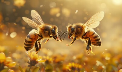 Two bees in mid-air appear to be communicating with each other. AI.