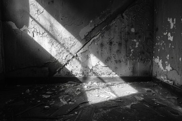Light and shadow play in an abandoned, ruined room. AI.