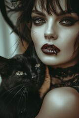 Portrait of a brunette Goth style inspired woman holding black cat, fashion and make-up shoot. Gothic, Goth, Emo, New Wave, Dark style fashion. Dark smokey make-up, red lipstick. Dramatic. Elegant.	