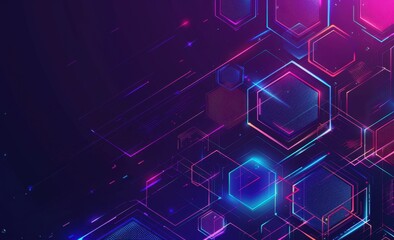background with lines and shapes in purple, blue and pink colors on a dark background, isometric grid of hexagons representing digital technology Generative AI