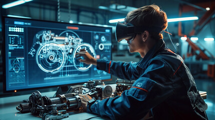 virtual reality, a mechanical engineer wearing a VR handset devise and checking and inspecting a projected 3D model of a machine