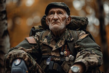 Obraz premium This image depicts a war veteran participating in a Memorial Day parade, where their presence commands respect and admiration from the crowd. The veteran's dignified demeanor