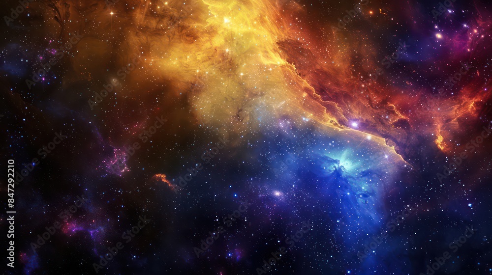 Poster cosmic nebula with an array of bright stars, showcasing a spectrum of colors from warm yellows to co
