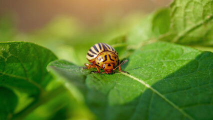 Leptinotarsa decemlineata, also known as the Colorado Potato Beetle. Adult striped potato bug eating potato leaves. Farm damage and pest invasion concept.