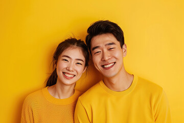 Obraz premium Happy East Asian Couple isolated on a Yellow Background China Japan Korea Smiling Embracing Love Joyful Cheerful Portrait Studio Photography Relationship Togetherness