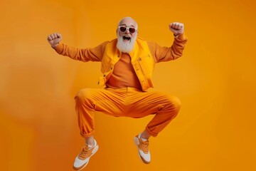 active senior guy in orange trendy casual outfit dancing and jumping on monochrome color minimal background with copy space. Banking app, retirement program. 