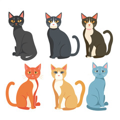 Six cartoon cats displaying different colors patterns. Upper row black cat, grey cat white muzzle, brownwhite cat, all sitting. Lower row has orange, cream, blue cats sitting, cute expressions