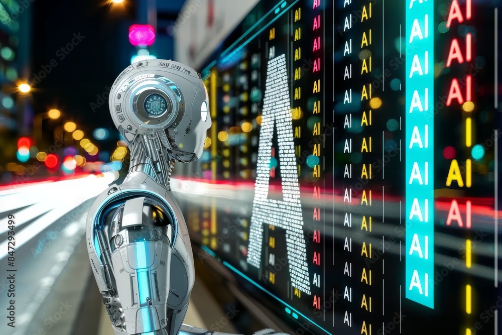 Poster ai robot with neon lights in high tech urban setting
