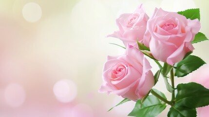 Fototapeta premium Four delicate pink roses are presented with a soft, glowing bokeh background, providing a romantic and dreamy feel