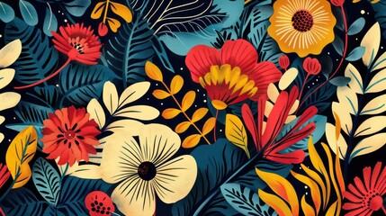 A vibrant illustration featuring an array of stylized flowers and leaves in a dense, colorful pattern