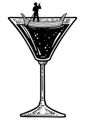 Gondola boat in martini cocktail glass sketch engraving PNG illustration. T-shirt apparel print design. Scratch board imitation. Black and white hand drawn image. © Oleksandr Pokusai