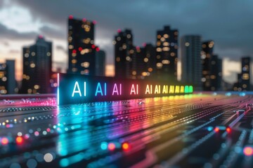 AI Neon Sign with Blurred Motion Effect in Cityscape