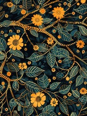 Naklejka premium Elegant botanical illustration featuring golden yellow flowers and green leaves on a dark, almost black, background