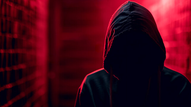 Hacker or scammer character in the dark with their face obscured by the hood, standing under dim red lighting