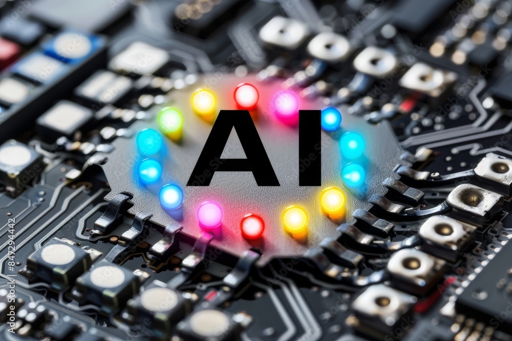 Poster ai processor with colorful led lights on circuit board