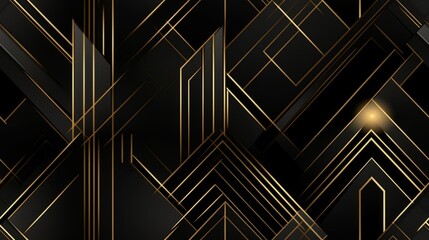 Seamless pattern Abstract black and gold geometric background with glowing lines.
