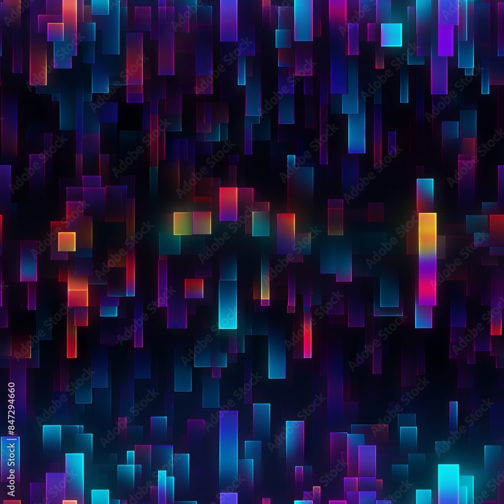 Wall mural dark seamless pattern of blue, purple, and yellow lights on a black background with glitch effect