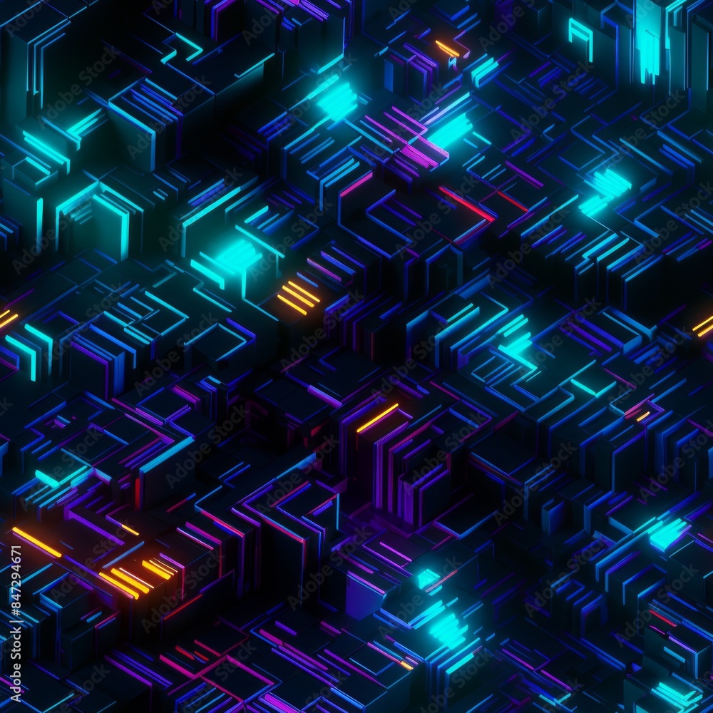 Wall mural dark seamless pattern of blue, purple, and yellow lights on a black background with glitch effect