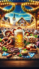 Fototapeta premium A festive Oktoberfest scene in vertical format featuring large beer mugs, traditional German dishes like pretzels, sausages, and sauerkraut, with people in Bavarian clothing.