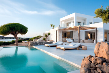Luxury modern vacation home with a swimming pool. Sunbeds, relaxing vacation Mediterranean	
