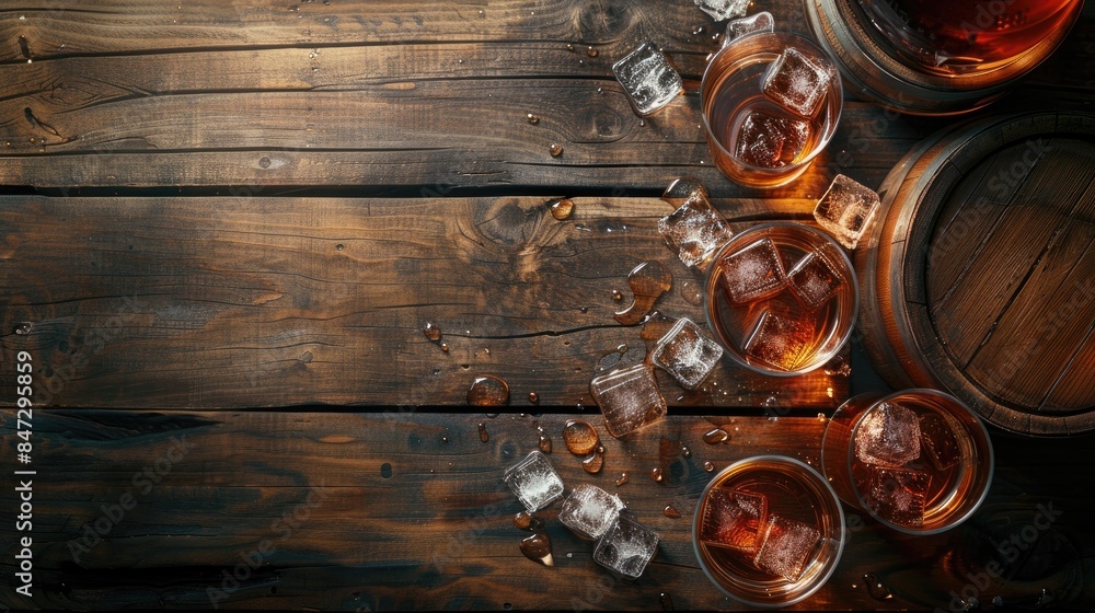 Poster top down view of whiskey served with ice in glasses alongside a bottle and barrel on a wooden table 