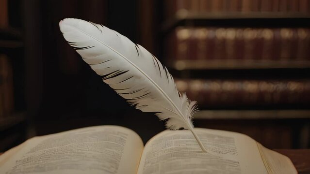 A single, glowing quill that writes, in a library
