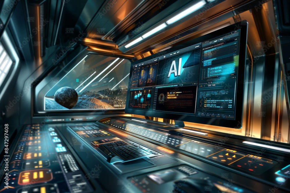 Poster ai digital display in a futuristic high tech environment, showcasing innovation, advanced technology