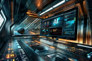 Obraz premium AI digital display in a futuristic high tech environment, showcasing innovation, advanced technology, and dynamic data interaction with vibrant colors and modern design elements