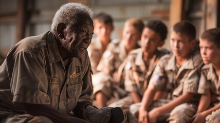 Fototapeta premium This image depicts a war veteran participating in a Memorial Day parade, where their presence commands respect and admiration from the crowd. The veteran's dignified demeanor
