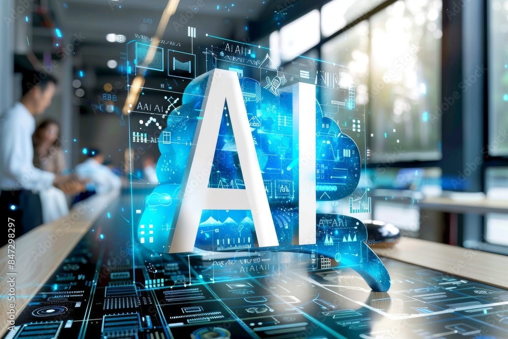 Poster ai holographic display in a modern office setting, showcasing advanced technology, innovation, and d