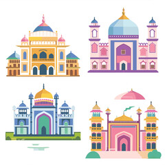 Fototapeta premium Four colorful Indian palaces forts vector illustration isolated white background. Architectural landmarks designed vibrant hues, depicting traditional Indian architecture. Flat design graphics