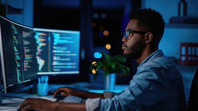 Attractive professional software developer coding program or engineering prompt. Skilled programmer typing computer and laptop while developing system with blurring background. Technology. AIG42.