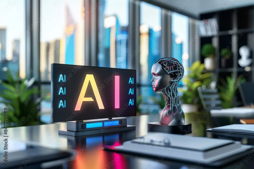 Poster ai powered digital display in a modern office, symbolizing advanced technology, innovation, and dyna