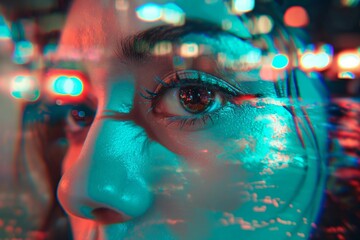 Close up of a woman in 3D glitch anaglyph effect 