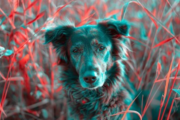 The image shows a dog with a red and green anaglyph effect, typically used in 3D imaging, against a natural background