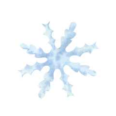 Blue snowflake isolated on white background. Frozen crystal, symbol of winter. Hand drawn watercolor illustration. For design, cards, invitations, congratulations, packaging, printing, advertising.