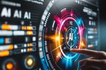 Fototapeta premium Interactive AI interface with glowing elements, showcasing advanced technology, innovation, and dynamic data processing in a high tech, vibrant setting