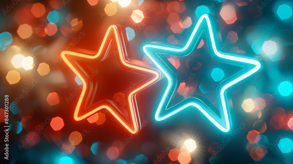 Poster pair of neon stars gleaming brightly amid a colorful bokeh light display