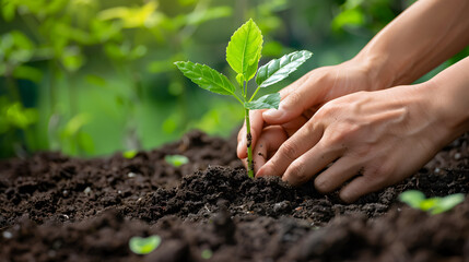 man planting a small plant in his vegetable garden