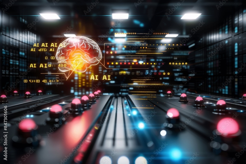 Poster interactive ai digital display in a futuristic control room, showcasing advanced technology, innovat