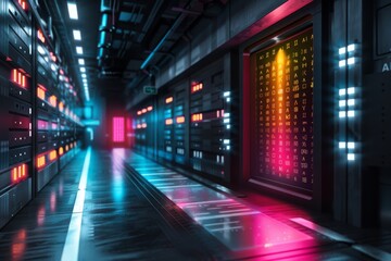 Futuristic AI data center with neon lights, showcasing advanced technology, innovation, and dynamic data processing in a high tech, vibrant setting