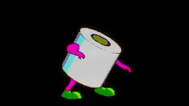  Seamless cartoon animation of a dancing toilet paper roll isolated with alpha channel. Screen pixel style backdrop.