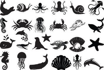 Naklejka premium Sea Animals Svg, Beach Svg Bundle, Ocean Svg, Sea Life Svg, Mermaid Svg, Octopus Svg, Shark Svg, Seashell Svg, Dolphin Svg, Crab Svg 
