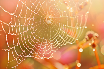 Naklejka premium A close-up of a delicate spider web glistening with dew drops.