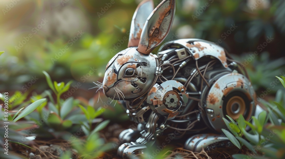 Sticker A rabbit made out of metal sitting in the grass, AI