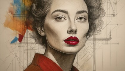 retro abstract image of a young woman; pencil drawing; sketch on paper with color lip stick and thick lips, close up portrait, profile view