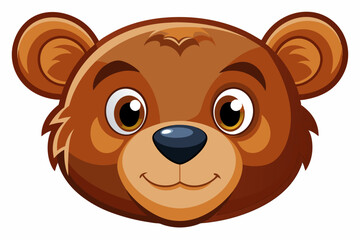 Obraz premium Brown toy bear face with big eyes and a smile isolated on a white background. Cute baby plush bear head. Concept of kids toys, childhood, fun, game, playtime. Print, icon, design element. Graphic art