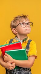 School boy with books and notebooks on a background with space for text. back to school concept. advertisement